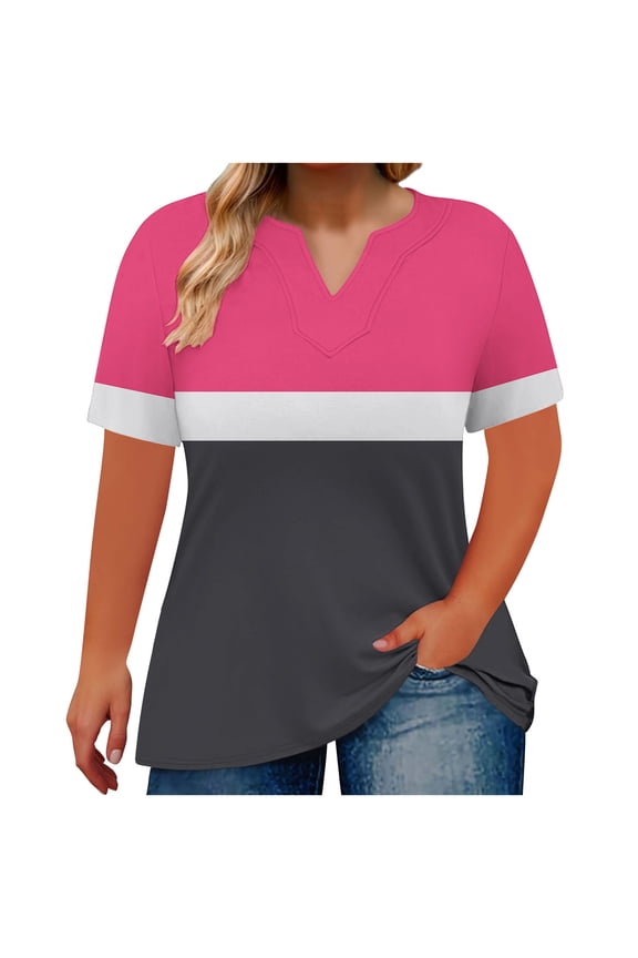 Women's Plus Size Color-Block & Solid V-Neck Blouse Tee – Casual Short Sleeve Spring/Summer Top for Everyday Wear