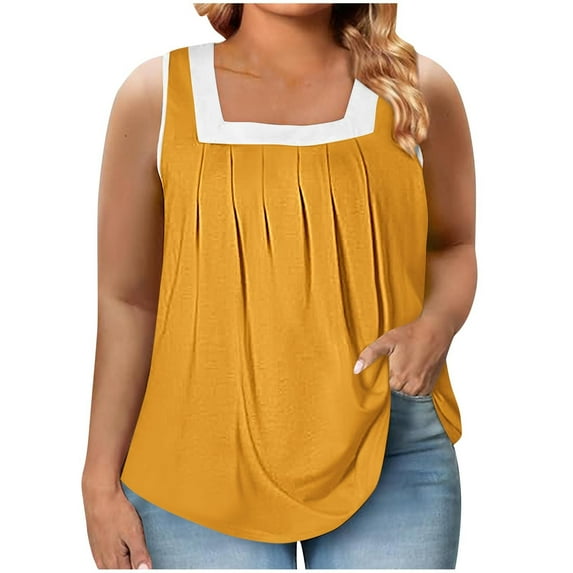Uaswgudfs Women's Plus Size Cotton Peplum Square Neck Blouse Shirred Straps Summer Sleeveless Ruffle Babydoll Tank Going Out Top