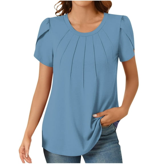 Uaswgudfs Women's Plus Size Crew Neck Blouse - Summer Basic & Fashion-Forward Top | Flowy Pleated Tunic for Casual Going Out