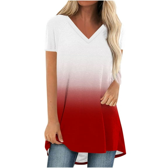 Uaswgudfs Women's Plus Size Dressy Casual V-Neck Blouse Tops - Short Sleeve Loose Fit T-Shirt Style Solid Color Tunic Top