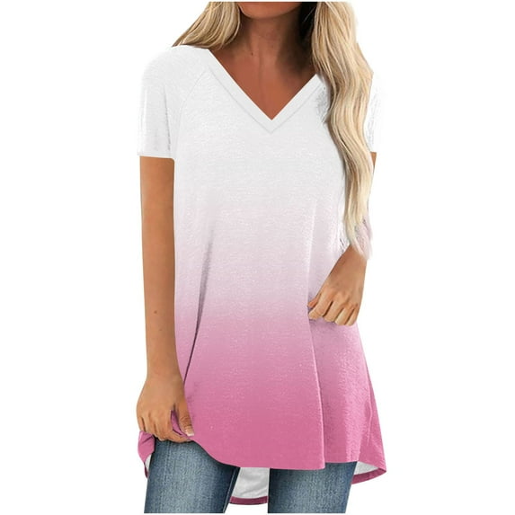 Uaswgudfs Women's Plus Size Dressy Casual V-Neck Blouse Tops - Short Sleeve Loose Fit T-Shirt Style Solid Color Tunic Top