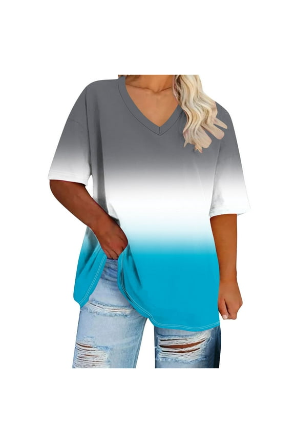 Women's Plus Size Gradient Color V-Neck Blouse Tee – Summer Loose-Fit Casual Top with Short Sleeve Resort Everyday 2025