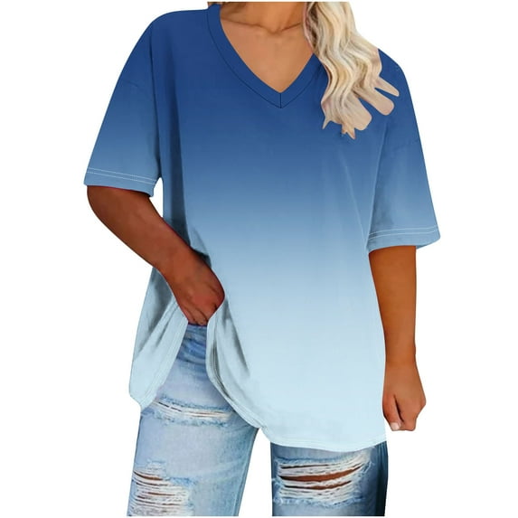 Uaswgudfs Women's Plus Size Gradient Color V-Neck Blouse Tee – Summer Loose-Fit Casual Top with Short Sleeve Resort Everyday