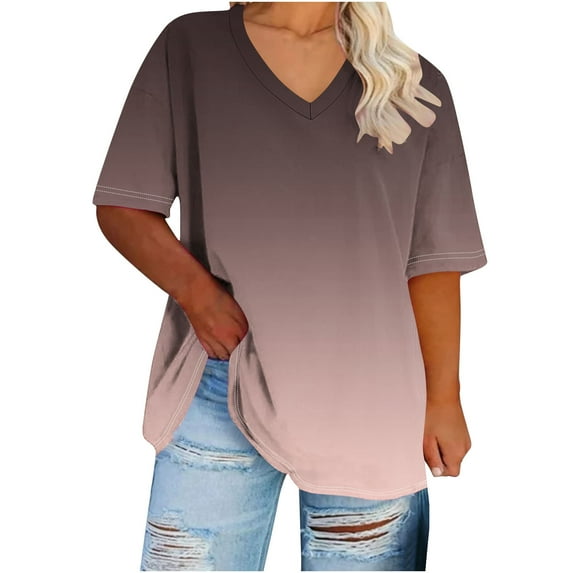Uaswgudfs Women's Plus Size Gradient Color V-Neck Blouse Tee – Summer Loose-Fit Casual Top with Short Sleeve Resort Everyday