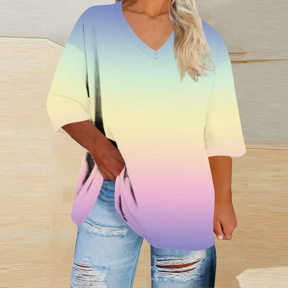 Uaswgudfs Women's Plus Size Ombre V-Neck 3/4 Sleeve T Shirt – Loose Fit Daily Fashion Top Women's Plus Size Tops Yellow 2XL