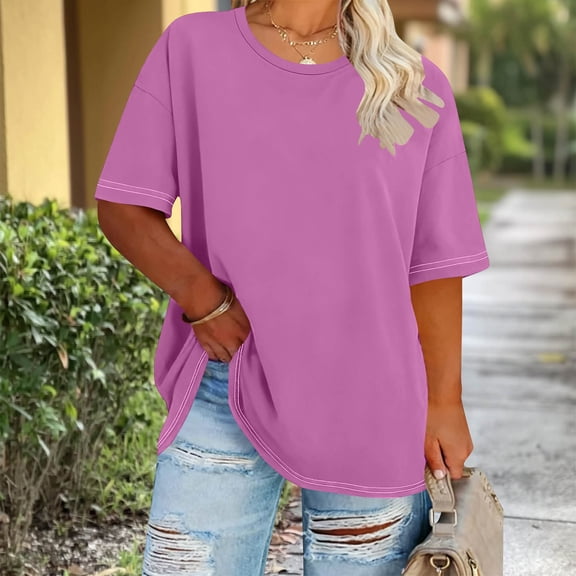 Uaswgudfs Women's Plus Size Round Neck Short Sleeve Tees - Oversized Solid Color Summer Casual Basic Tops, Plus Size Women's Blouses Pink 2XL