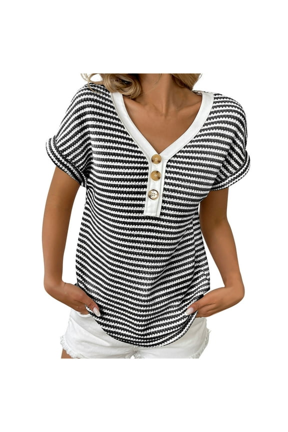 Women's Plus Size Striped Loose Knit Button-Front V-Neck Blouse Tee – Short Sleeve Casual Top