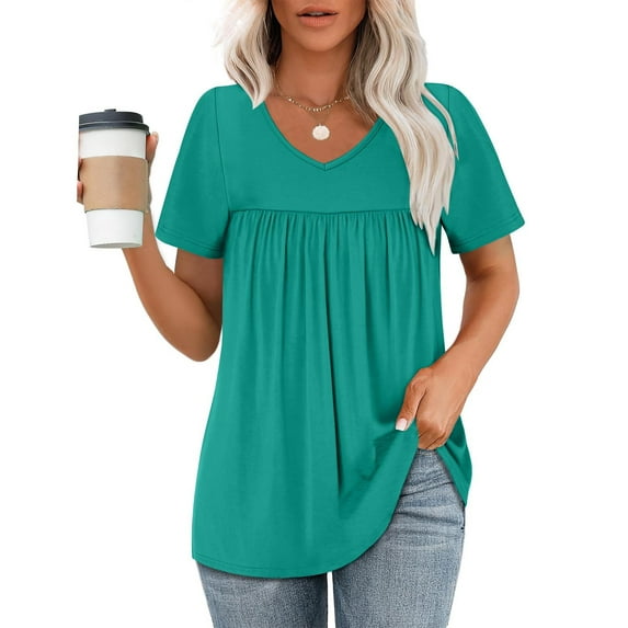 Uaswgudfs Women's-Plus-Size-Summer-Tops 2025 Pleated V Neck T Shirts Short Sleeve Blouses Ruffle Tunics