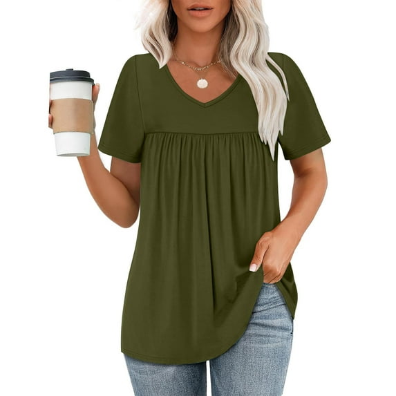 Uaswgudfs Women's-Plus-Size-Summer-Tops 2025 Pleated V Neck T Shirts Short Sleeve Blouses Ruffle Tunics