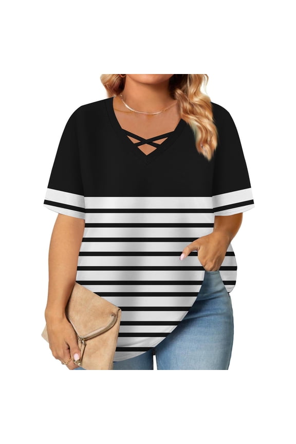 Women's Plus Size V-Neck Cross Strap Tunic Top with Striped Pattern and Side Slits Oversizes Blouse