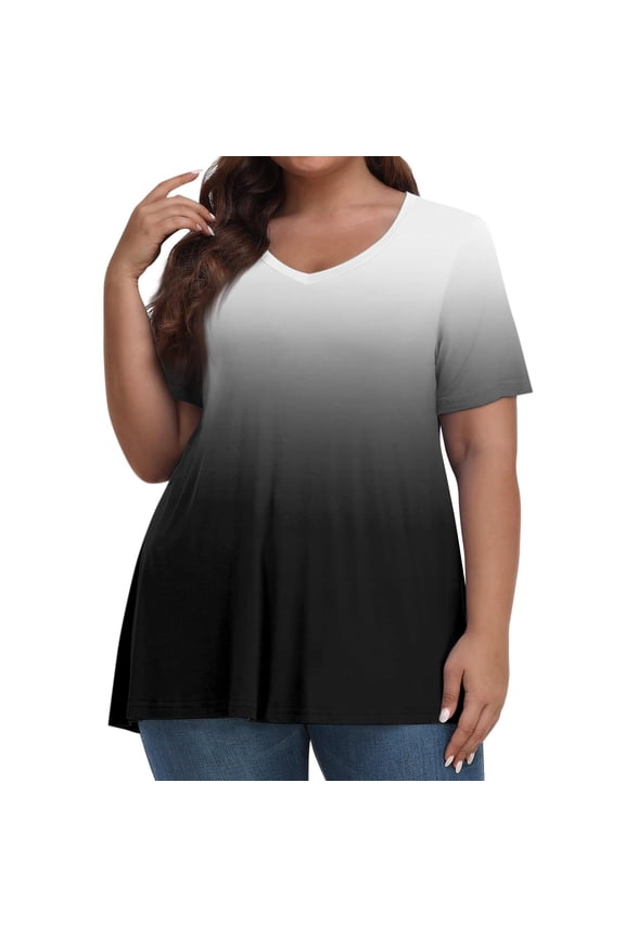 Women's Plus Size V-Neck Short Sleeve Blouse with Abstract Pattern Design - Oversizes Fit Comfortable Top for Casual Wear