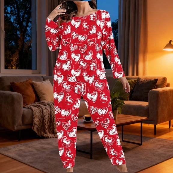 Uaswgudfs Women's Plus Size Valentine's Day Heart Print Pajama Set - Long Sleeve 2-Piece Lounge Wear