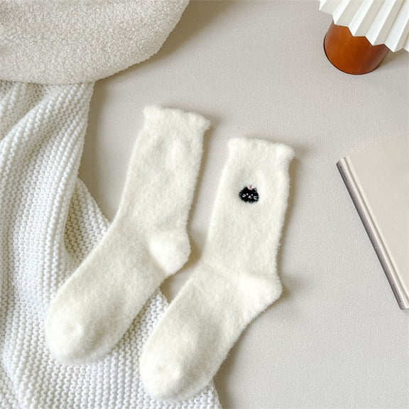 Uaswgudfs Women's Plush Soft Warm Mid - Calf Winter Socks, Cute Cartoon Thickened Crew Socks, Cozy Fuzzy Socks Black