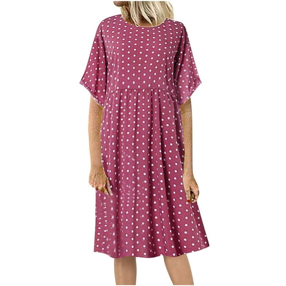 Uaswgudfs Women's Polka Dot Short Sleeve Midi Dress - Summer Casual A-Line with Lightweight Fabric & Relaxed Fit Hot Pink 3XL