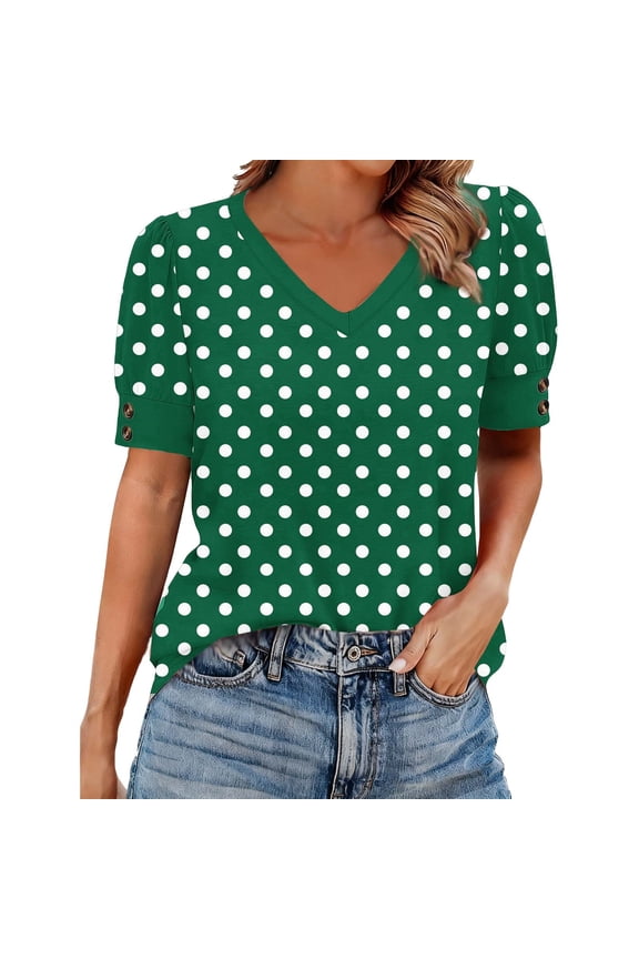Women's Polka Dot V Neck Short Sleeve T Shirt Button Detail, Casual Spring Summer Top Imitation Cotton Tee Green 2XL