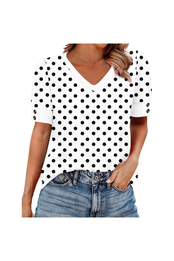 Women's Polka Dot V Neck Short Sleeve T Shirt Button Detail, Casual Spring Summer Top Imitation Cotton Tee White XL