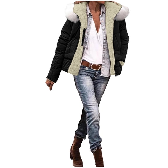 Uaswgudfs Women's Puffer Jacket with Removable Faux Fur Hood, Long Sleeve Fleece-Lined Winter Coat with Pockets - Casual Outerwear Black XL
