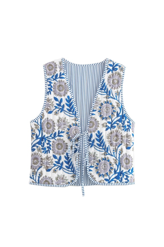 Women's Quilted Sleeveless Vest - Floral Print V-Neck Tied Closure Striped Trim Autumn Layering