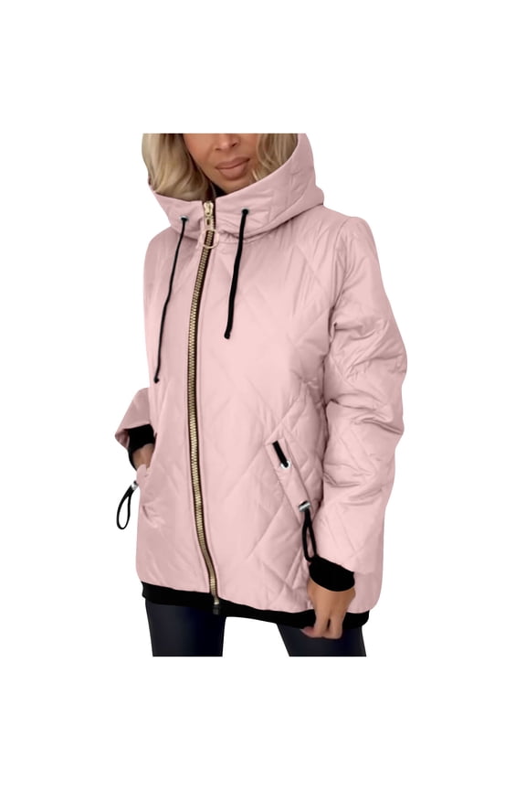 ​Women's Quilted Winter Jacket - Polyester Synthetic Fill Adjustable Hood Zippered Pockets Commute​