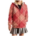 thumbnail image 1 of Uaswgudfs Women's Red Brown Plaid Printed Hooded Zip-Up Jacket, Long Sleeve Casual Coat with Pockets Drawstring - Trendy Daily & Winter Outerwear Pink XL, 1 of 7