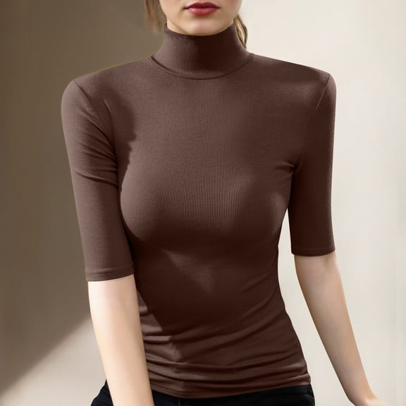 Uaswgudfs Women's Ribbed 3/4 Sleeve T Shirt – Fitted Waist Solid Color Base Layer Top | Women's Ribbed Casual Blouses Brown L