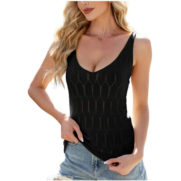 Uaswgudfs Women's Ribbed Hollow Out Deep V-Neck Crochet Tank - Summer Sleeveless Knitted Vest Top, Trendy Casual Beach