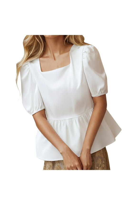 Women's Satin Silk Square Neckline Blouse Textured Casual Tee, Summer Fashion Puff Sleeve Tops