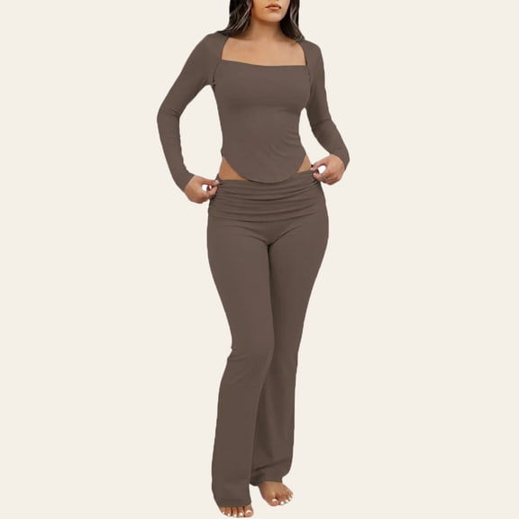 Uaswgudfs Women's Sexy Off Shoulder Cropped Top & Low - Waisted Flare Pants Solid Knit Lounge Set