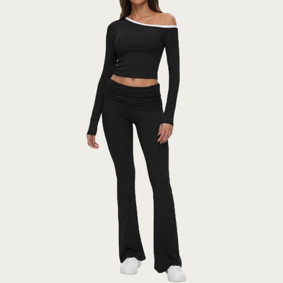 Uaswgudfs Women's Sexy Off Shoulder Cropped Top & Low - Waisted Flare Pants Solid Knit Lounge Set