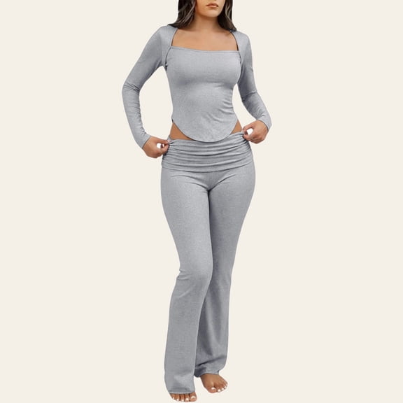 Uaswgudfs Women's Sexy Off Shoulder Cropped Top & Low - Waisted Flare Pants Solid Knit Lounge Set
