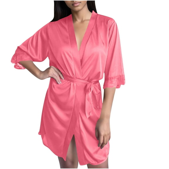 Uaswgudfs Women's Sexy Satin Kimono Robe, Lace Trim Short Silk-Like Bathrobe, Elegant V-Neck Loungewear Wrap Nightgown for Bedroom & Bridal Party