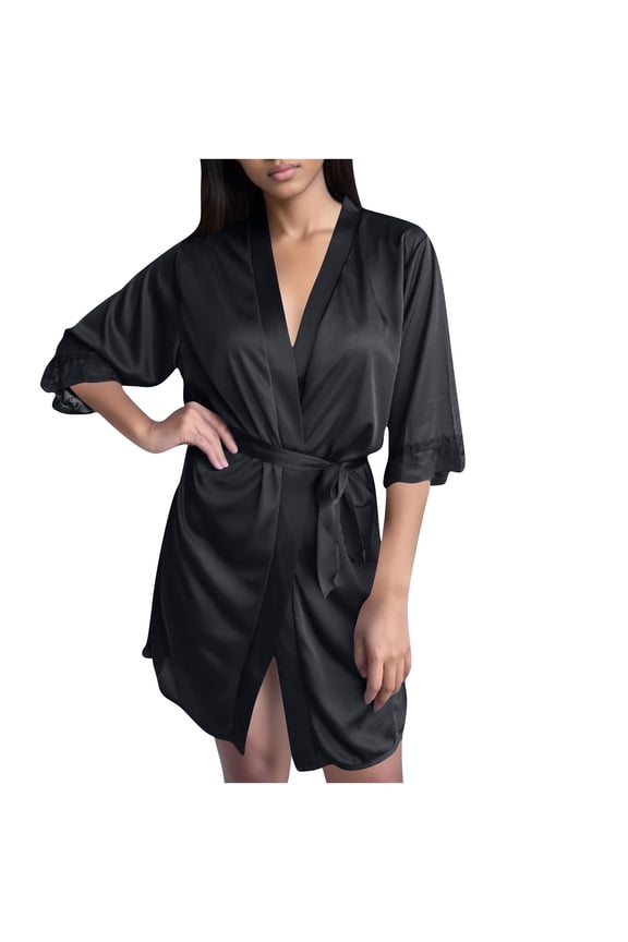 Women's Sexy Satin Kimono Robe, Lace Trim Short Silk-Like Bathrobe, Elegant V-Neck Loungewear Wrap Nightgown for Bedroom & Bridal Party