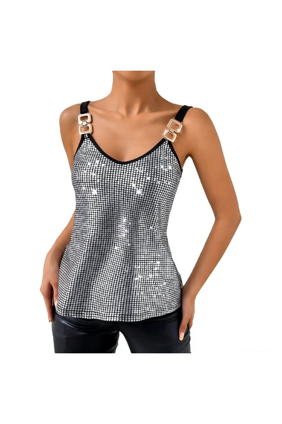 Women's Sexy Sequin V - neck Strappy Spaghetti Strap Shimmer Cami Top Clubwear Party Bling Night Out Blouson Top Silver L