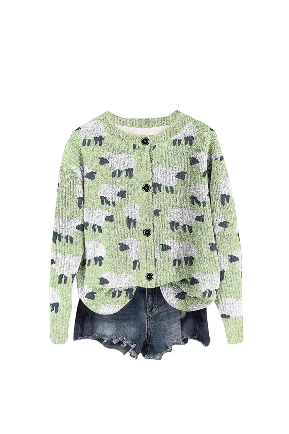 Women's Sheep Printed Knit Cardigan, Long Sleeve Button-Front Crew Neck Casual Fashion Outerwear - Cute Spring Summer Trendy Sweater Green S