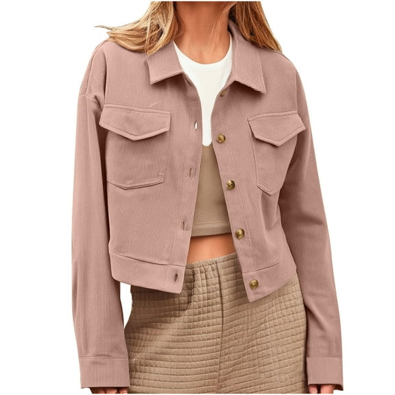 Uaswgudfs ​Women's Short Corduroy Winter Coat - Thermal Button Front Lapel Collar Ribbed Cuffs Commute Outerwear​