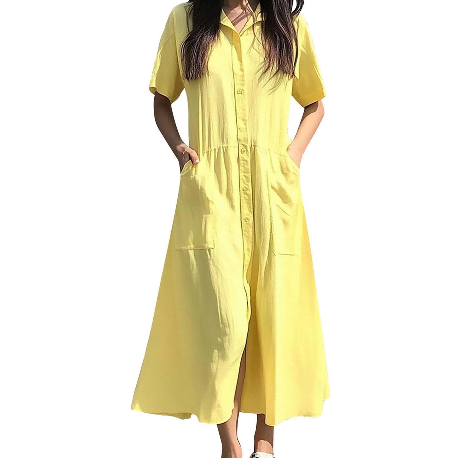 Uaswgudfs Women's Short Sleeve Button-Front Midi Dress - Pleated Waist with  Pockets, Flowy Summer Casual Maxi Dress Yellow 3XL - Walmart.com