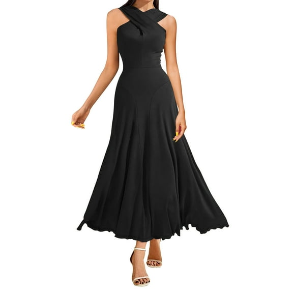 Uaswgudfs ​Women's Short Sleeve Crossover Neckline Midi Dress​ - Summer Flowy Skirt & Draped Fabric, Sophisticated Ankle-Length Design Black XL