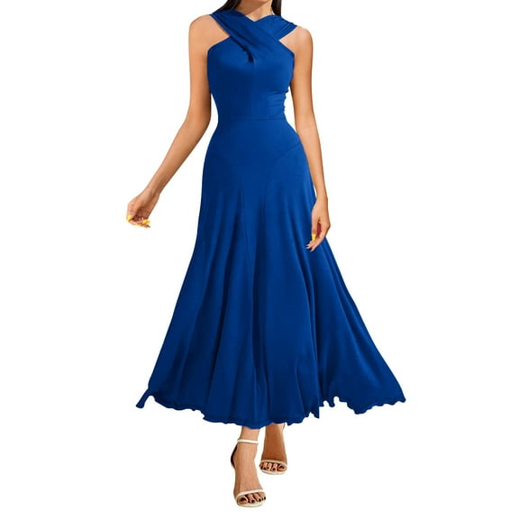 Uaswgudfs ​Women's Short Sleeve Crossover Neckline Midi Dress​ - Summer Flowy Skirt & Draped Fabric, Sophisticated Ankle-Length Design Blue XL