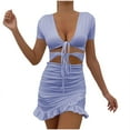 thumbnail image 1 of Uaswgudfs ​Women's Short Sleeve Deep V-Neck Midi Dress​ - Casual Summer Design with Tie Front & Cutout Waist, Ruffled Hem for Semi-Formal Versatility Purple L, 1 of 9
