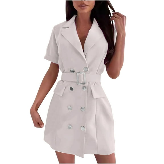 Uaswgudfs Women’s Short Sleeve Double-Breasted Midi Dress with Lapel Collar & Decorative Belt - Tailored Fit Casual Summer Dresses Beige L