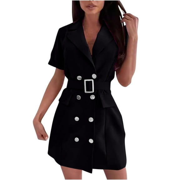 Uaswgudfs Women’s Short Sleeve Double-Breasted Midi Dress with Lapel Collar & Decorative Belt - Tailored Fit Casual Summer Dresses Black M
