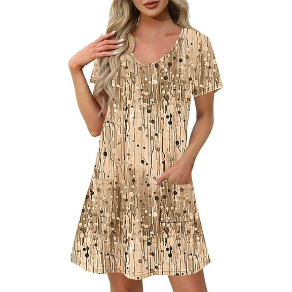 Uaswgudfs Women's Short Sleeve Polka Dot Midi Dress​ - Casual Summer Round Neck Design with Pockets & Soft Cotton Blend Fabric Khaki L