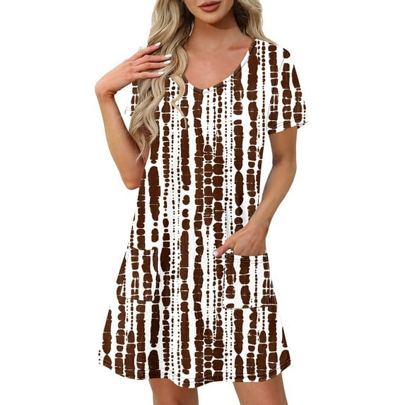 Uaswgudfs Women's Short Sleeve V-Neck Midi Dress - Casual Summer A-Line Silhouette with Front Pockets, Versatile for Social Occasions Brown L