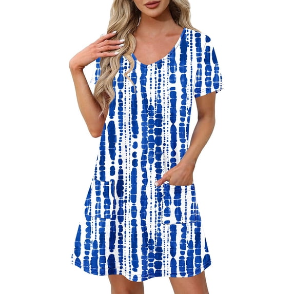 Uaswgudfs Women's Short Sleeve V-Neck Midi Dress - Casual Summer A-Line Silhouette with Front Pockets, Versatile for Social Occasions Dark Blue XL