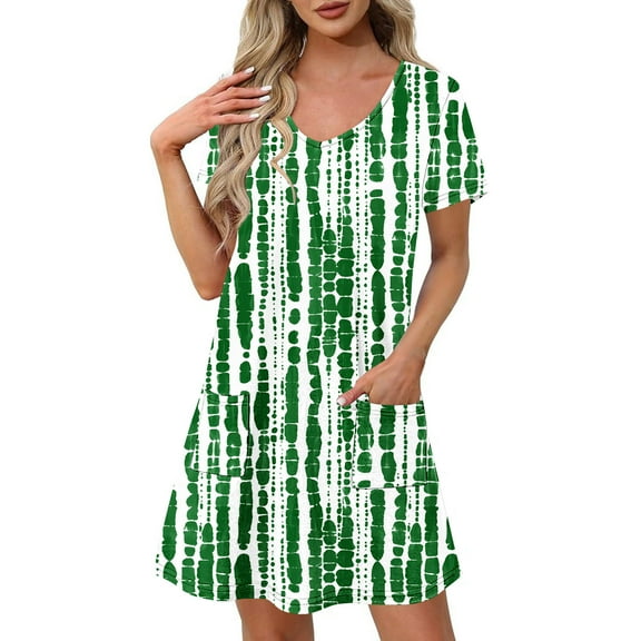 Uaswgudfs Women's Short Sleeve V-Neck Midi Dress - Casual Summer A-Line Silhouette with Front Pockets, Versatile for Social Occasions Green S