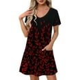 thumbnail image 1 of Uaswgudfs ​Women's Short Sleeve V-Neck Midi Dress​ - Chic A-Line Summer Casual Style with Botanical Leaf Motif & Decorative Pockets Red M, 1 of 7