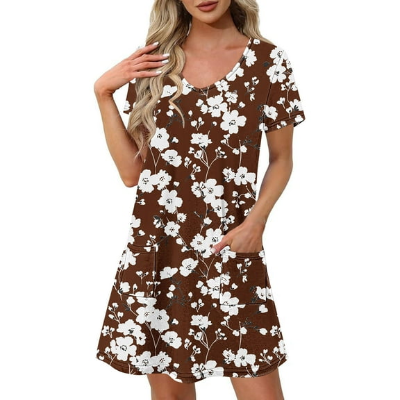 Uaswgudfs Women's Short Sleeve V-Neck Midi Dress​ - Summer Casual Floral Embellishment & Pockets, Knee-Length Soft Fabric & Versatile Style Brown 2XL
