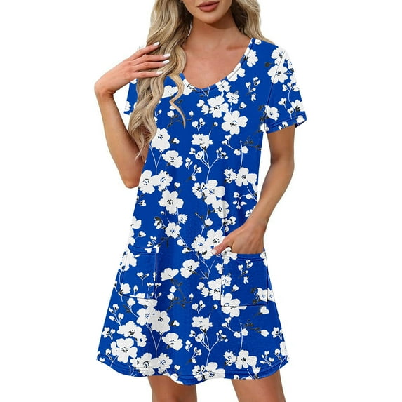 Uaswgudfs Women's Short Sleeve V-Neck Midi Dress - Summer Casual Floral Embellishment & Pockets, Knee-Length Soft Fabric & Versatile Style Dark Blue M