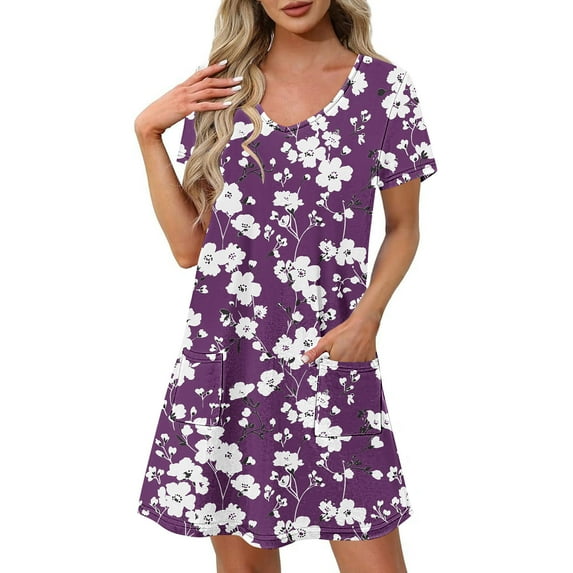 Uaswgudfs Women's Short Sleeve V-Neck Midi Dress - Summer Casual Floral Embellishment & Pockets, Knee-Length Soft Fabric & Versatile Style Purple S
