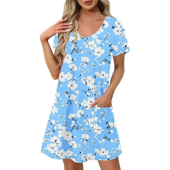 Uaswgudfs Women's Short Sleeve V-Neck Midi Dress​ - Summer Casual Floral Embellishment & Pockets, Knee-Length Soft Fabric & Versatile Style Sky Blue M